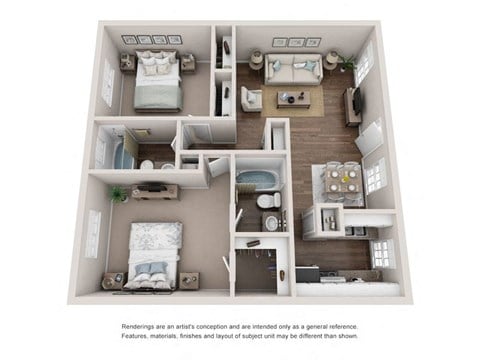 Floor plan for 2 beds, 2 baths, 1000 sqft